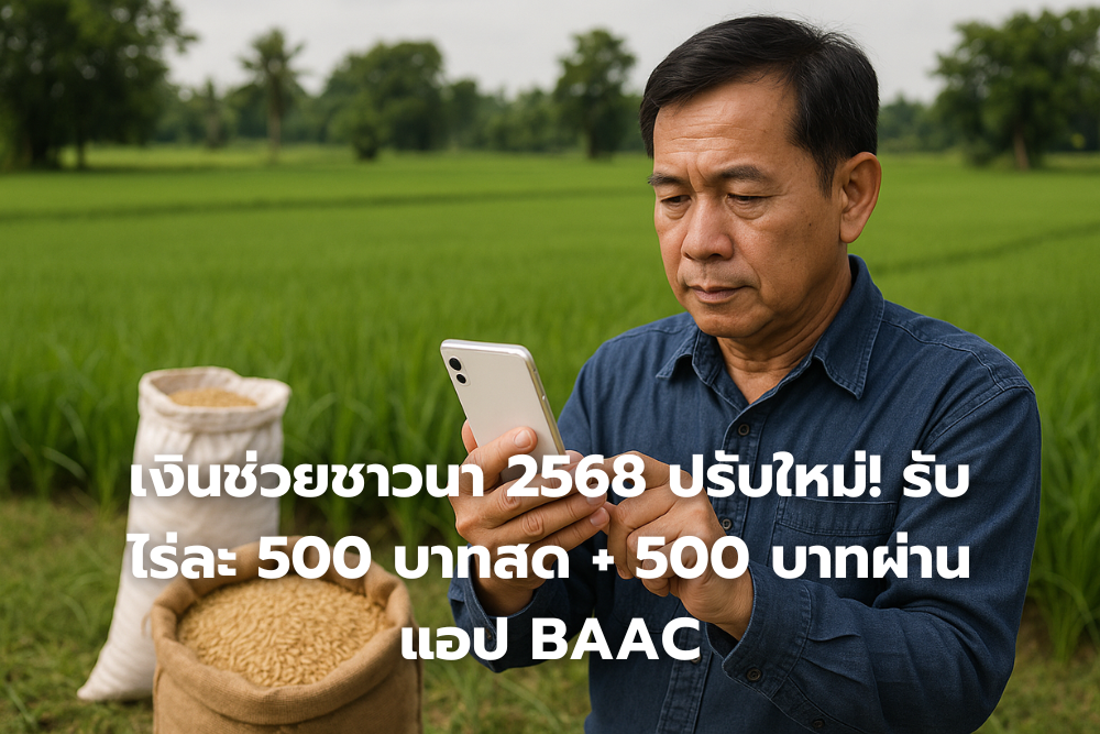 เงินช่วยชาวนา 2568 ปรับใหม่! รับไร่ละ 500 บาทสด + 500 บาทผ่านแอป BAAC